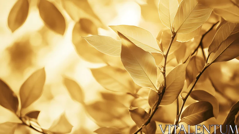 Golden sunlight on tree leaves in soft, dreamy nature style.