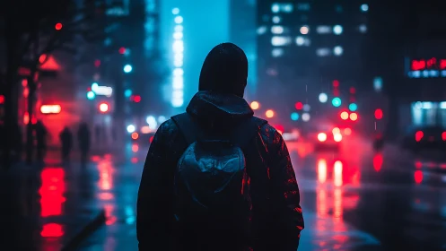 Hooded pedestrian walks on wet neon lit city street at night