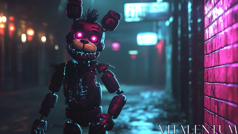 Glowing-eyed robot bunny in neon-lit rainy alleyway nocturne.