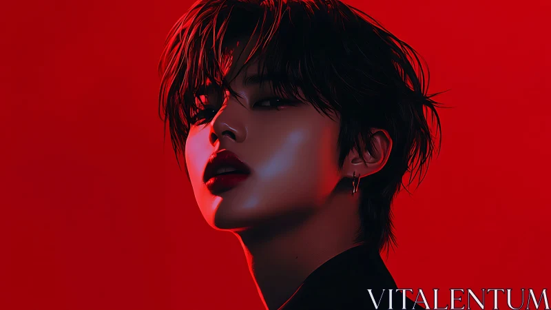 Cinematic red portrait with glossy skin and moody lighting.