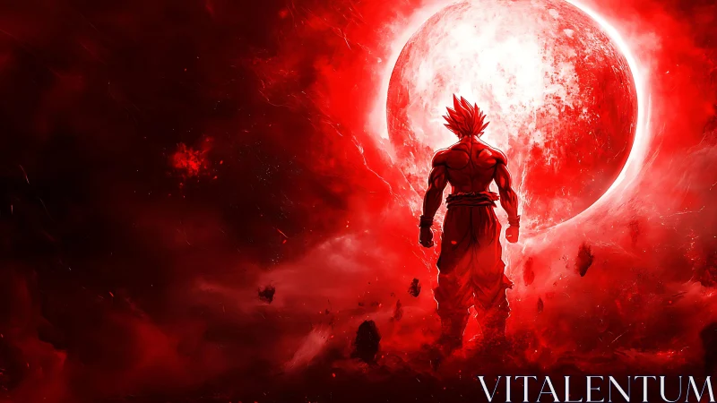 Red-lit muscular figure stands before large glowing celestial body