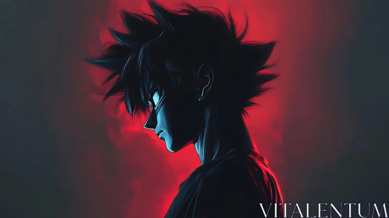 Brooding anime hero in red backlight stands in silence.