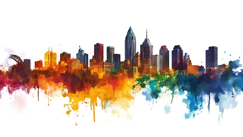 Color-splashed city skyline rises over abstract paint field