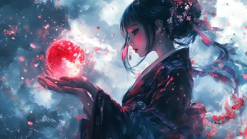 Moonlit sorceress cradle red orb in drifting cherry bloom.