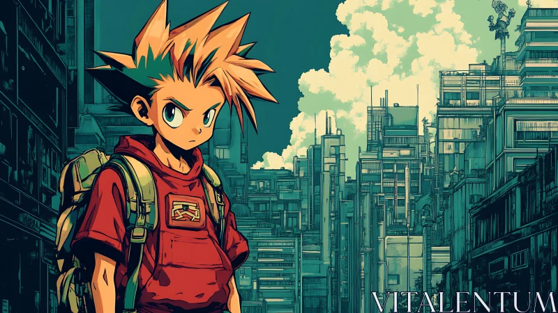 Spiky-haired wanderer sizes up a teal-tinted future city