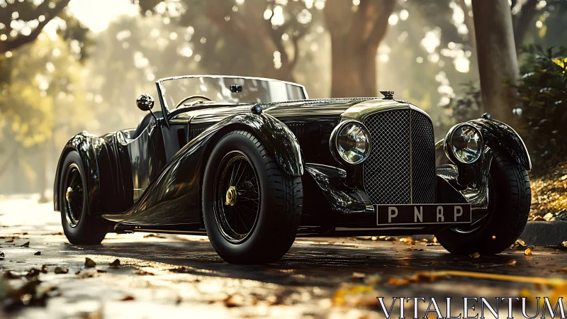 Vintage black roadster parked on sunlit tree lined street