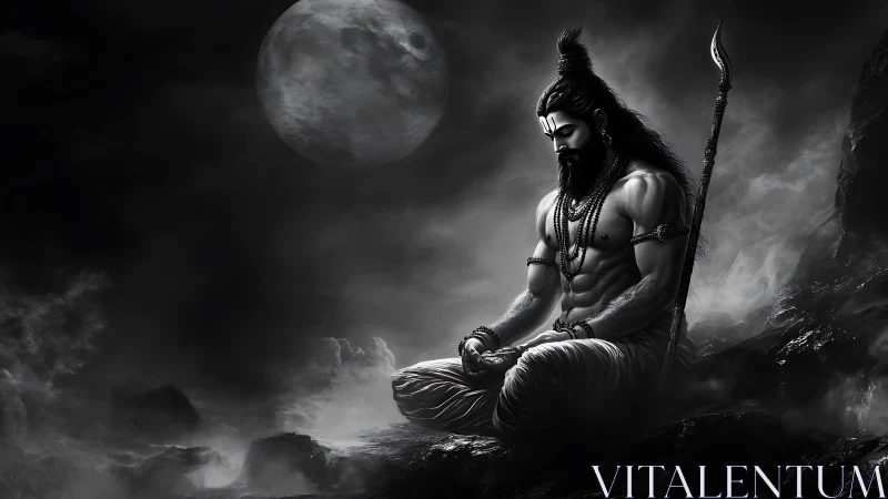 Monochrome divine warrior in meditative lunar chiaroscuro.