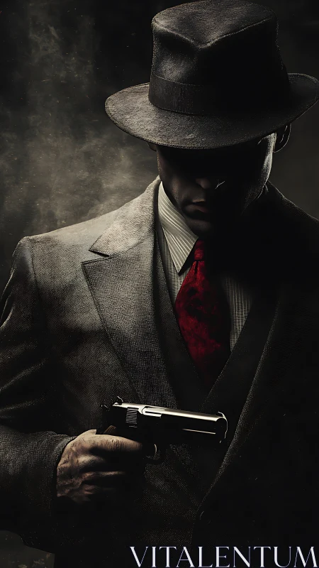 Mysterious trench coat figure in moody noir shadows.