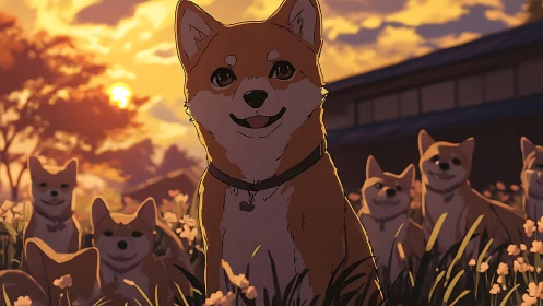 Shiba Inu pack in golden hour anime garden lighting.