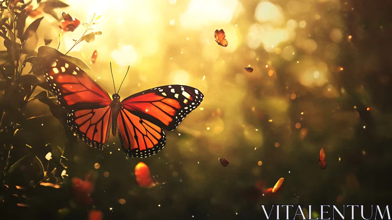 Backlit monarch butterfly swarm in shallow depth-of-field glow.