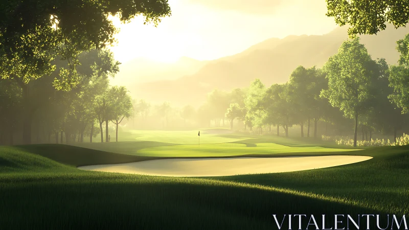 Sunlit golf fairway unfolds beyond tranquil sand bunker.
