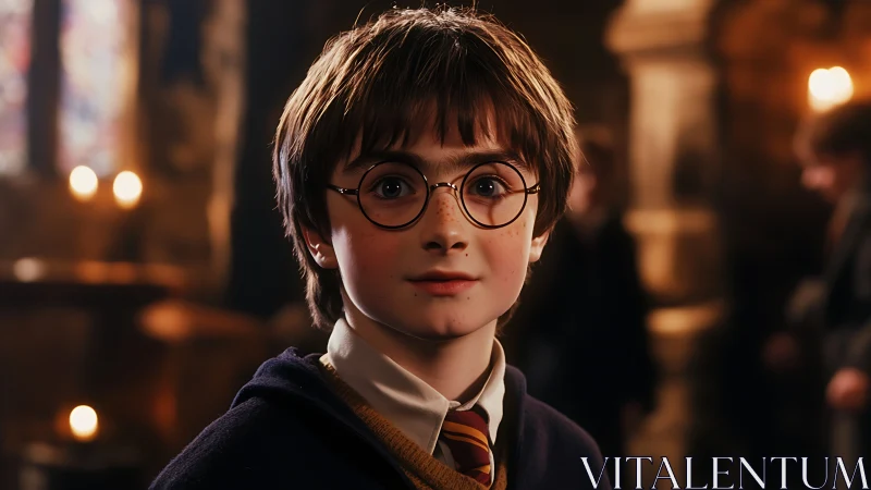 Wide-eyed young wizard amid candlelit castle hush.