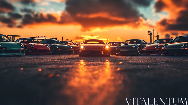 Sunset-lit sports cars assemble on an empty asphalt runway.