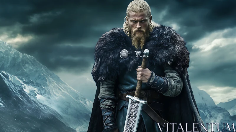 Viking warrior in furs gripping sword on icy mountain ridge.