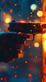 Cybernetic pistol muzzle flash against neon-lit urban panel