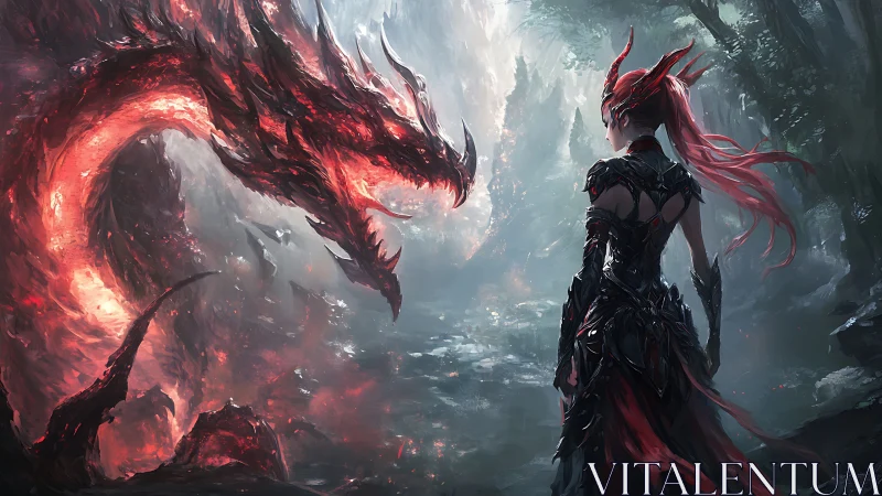 Armored humanoid confronts large fiery dragon in forested ravine