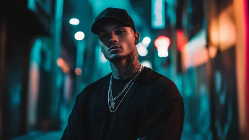 Neon alley confidence under moody blue and pink lights.