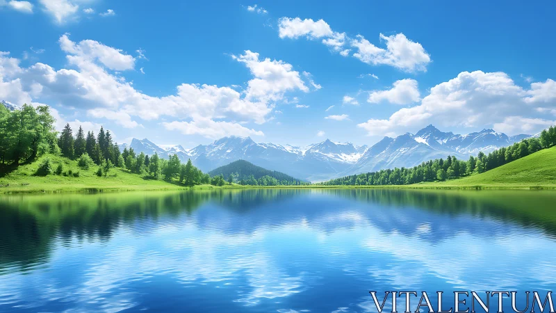 Mirror lake quietly doubles the bright alpine summer sky