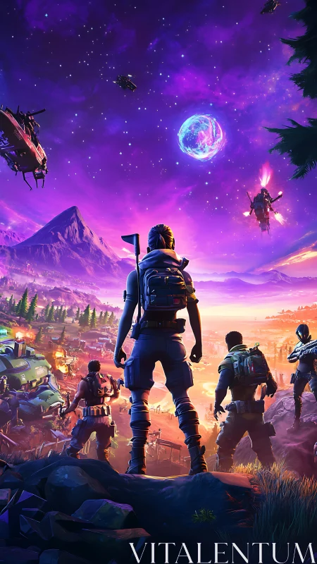 Night battlefield landscape with armed figures and aircraft.