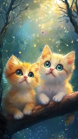 Luminous Feline Pair in Enchanted Forest Ambiance.