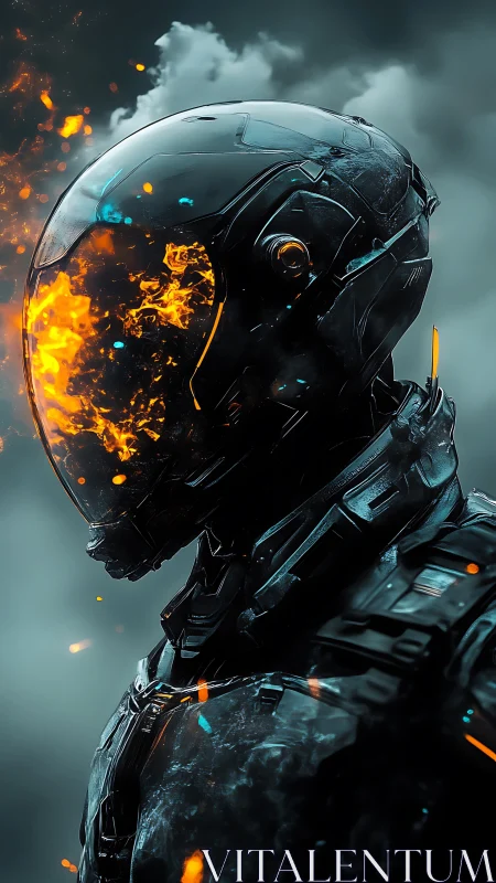 Futuristic armored figure with burning visor in dark smoke.
