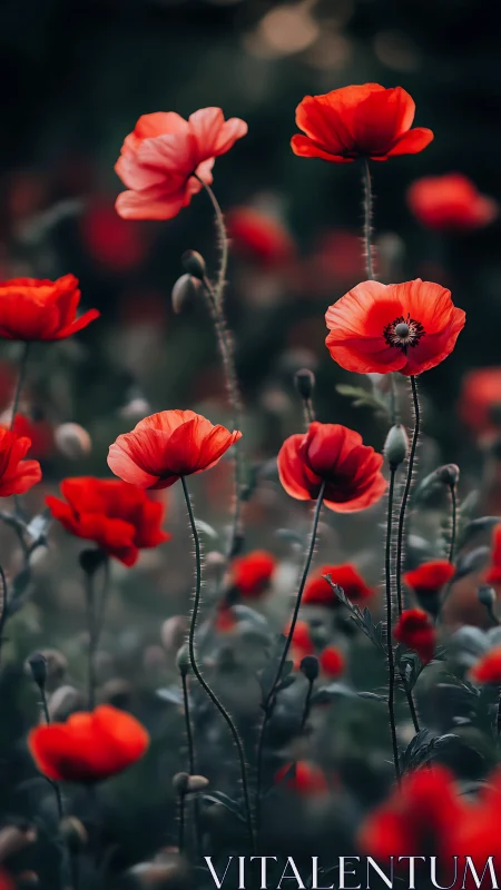 Vibrant Red Poppies Silhouetted Against Soft Bokeh Background.