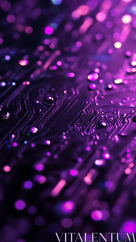 Circuit board surface shows glowing purple traces and droplets