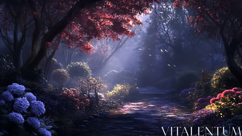 Twilight garden path glows under soft ethereal forest light