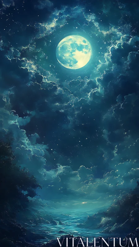 Moonlit river dreaming beneath cathedral-blue clouds.