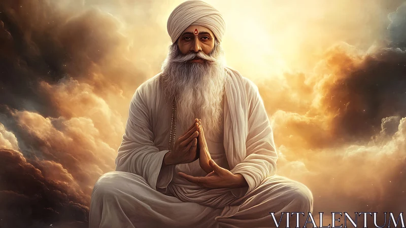 Golden robed guru meditates within radiant storm clouds.