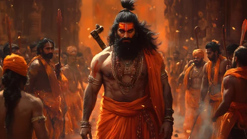 Warrior ascetic leads saffron-clad procession through firelit street.