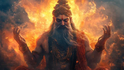 Fiery meditating sage surrounded by swirling cosmic flames.