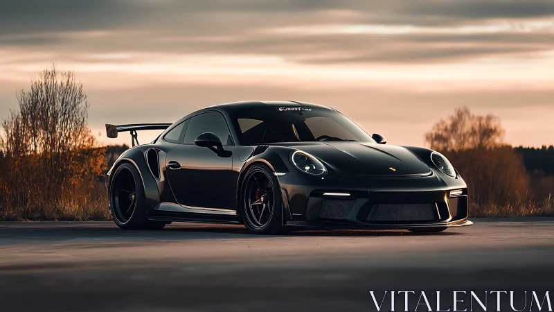 Sleek black sports car soaking up the golden evening light.