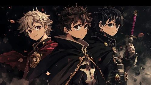 Three cloaked anime warriors stand in a dark, smoky scene.