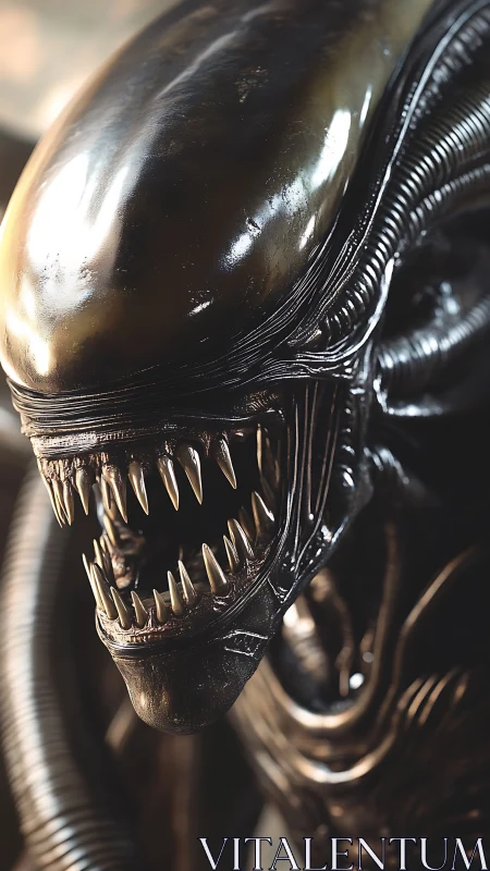 Menacing xenomorph close-up with glossy biomech carapace.