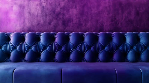 Velvet nebula wall behind midnight indigo tufted sofa glow.