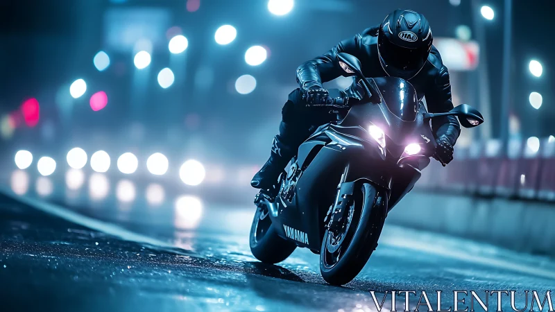 Midnight sportbike rider cutting through neon city haze.