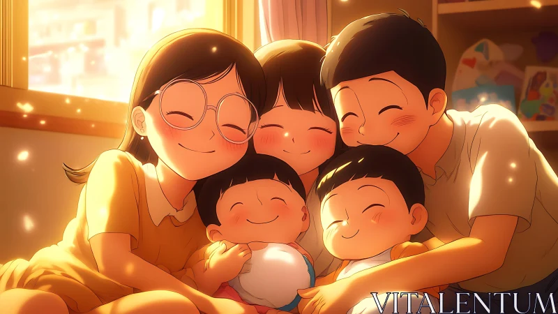 Smiling family of five sits closely together in warm sunlight