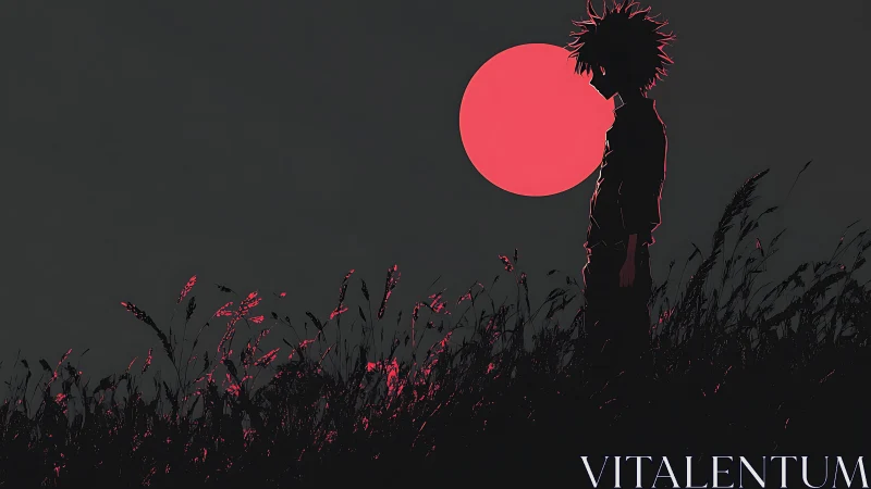 Silent silhouette weighs lost thoughts beneath crimson moon