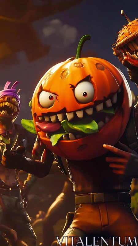 Cartoon pumpkin-headed character rendered in vivid 3D lighting