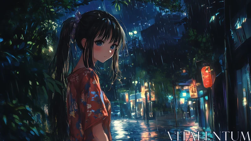 Rain-soaked anime street scene with reflective neon lights.