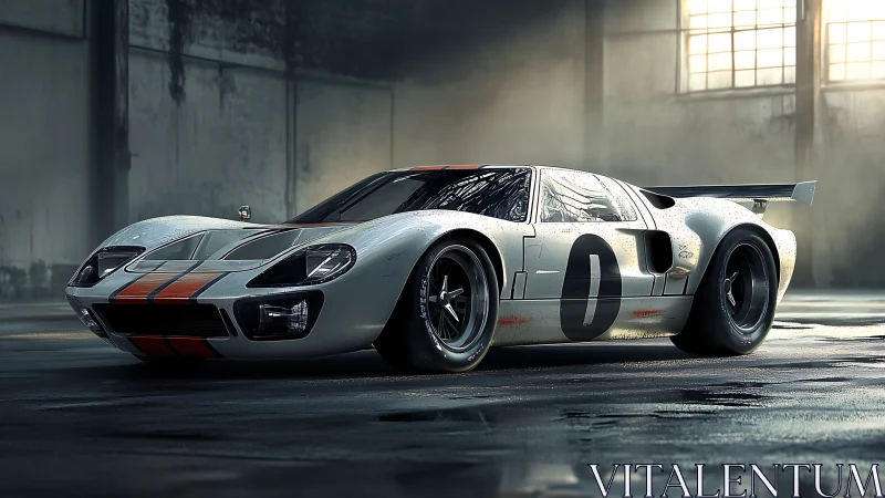 Le Mans-style race car in misty industrial warehouse light.