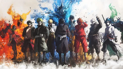 Elemental warriors line-up in explosive anime formation.