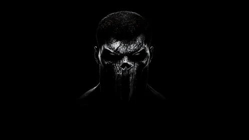 High-contrast masked portrait isolates a skull-like metallic visage