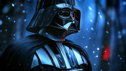 Midnight armored villain under snowfall in neon blue gloom.