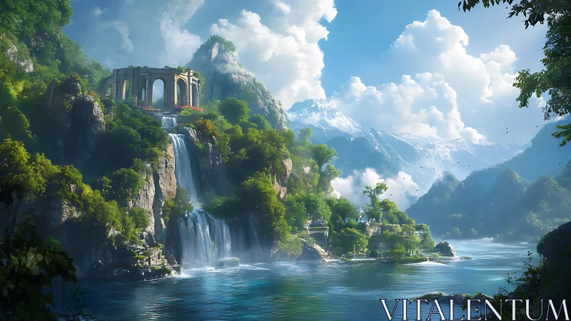 Stone pavilion overlooks tiered waterfalls and alpine lake