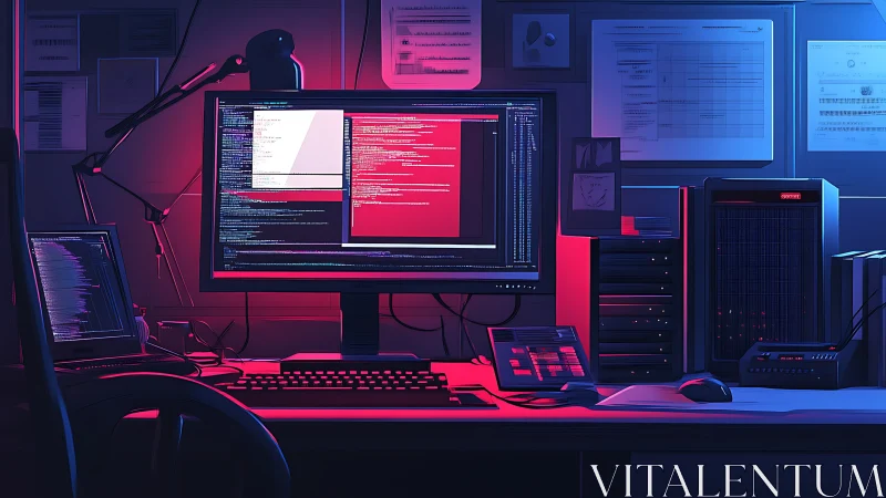 Cybersecurity workstation with code on screens at night.