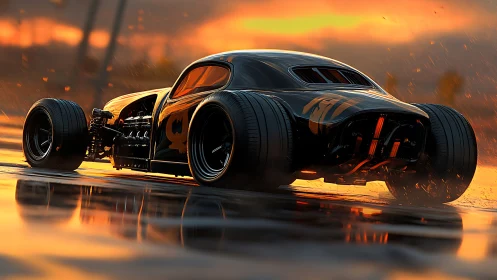 Custom hot rod accelerates on wet reflective surface at dusk