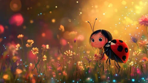 Ladybug girl character stands in glowing wildflower meadow