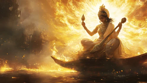 Radiant river goddess cradling music within molten dawn.